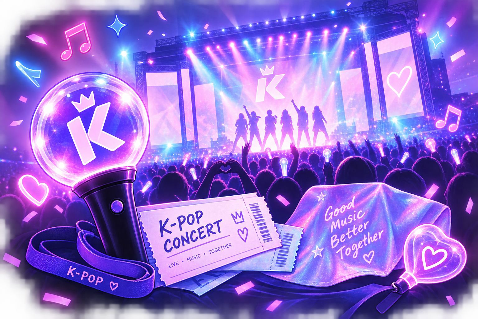 Concierto de K-pop con público, lightstick y entradas