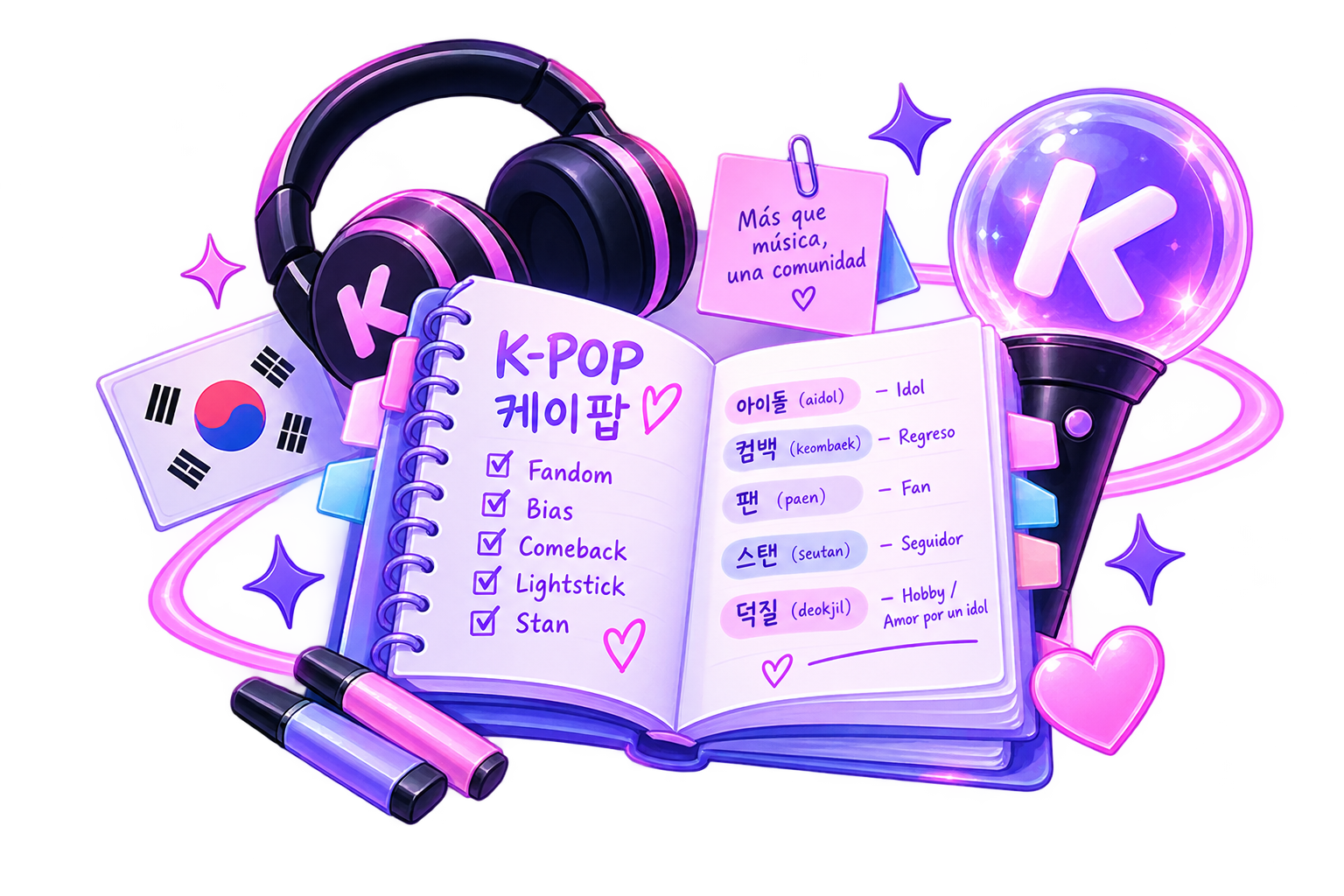 Cuaderno abierto con términos de K-pop